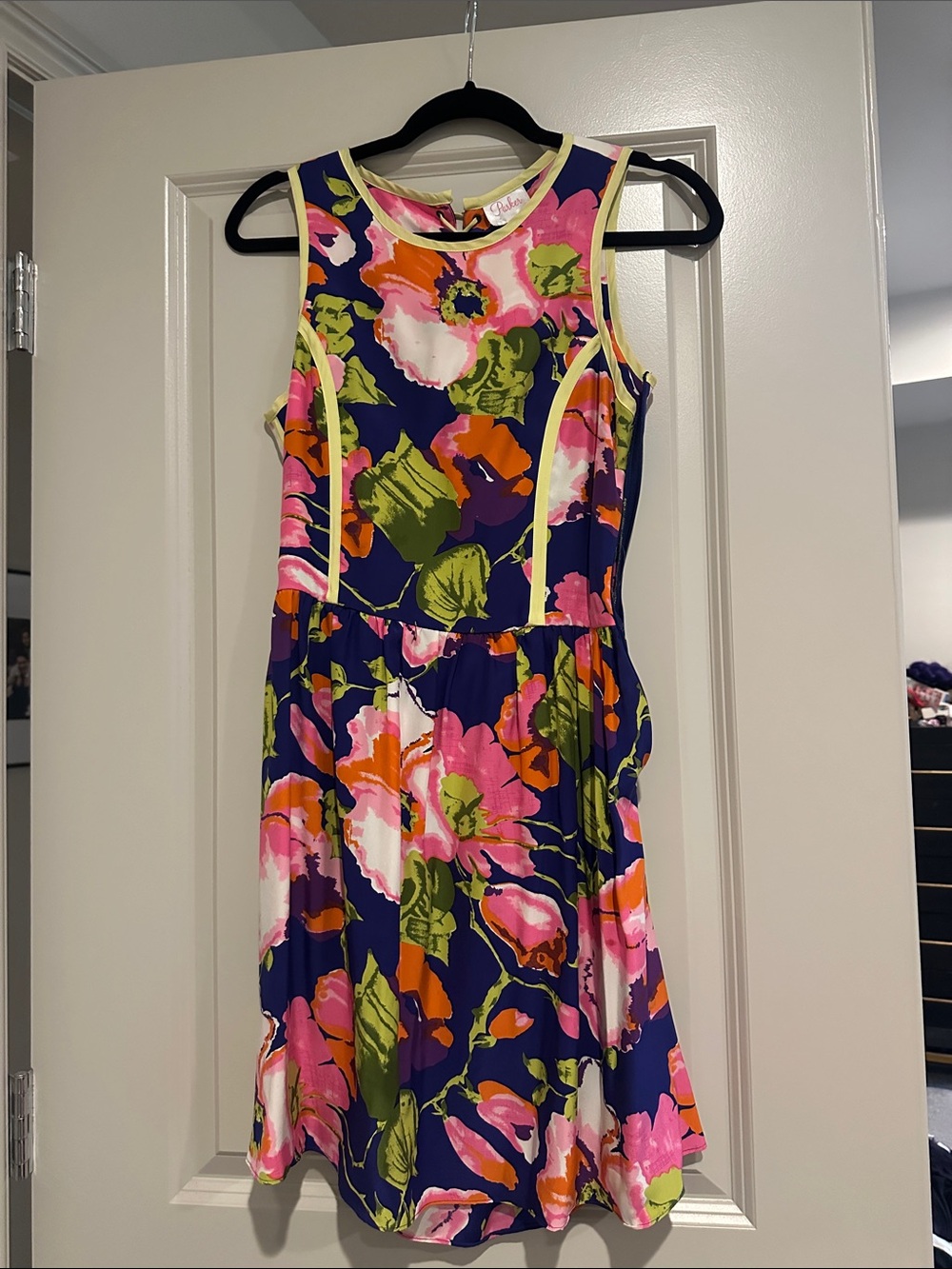 Parker Navy Floral Mini Dress with Pink, Orange & Lime Accents size M